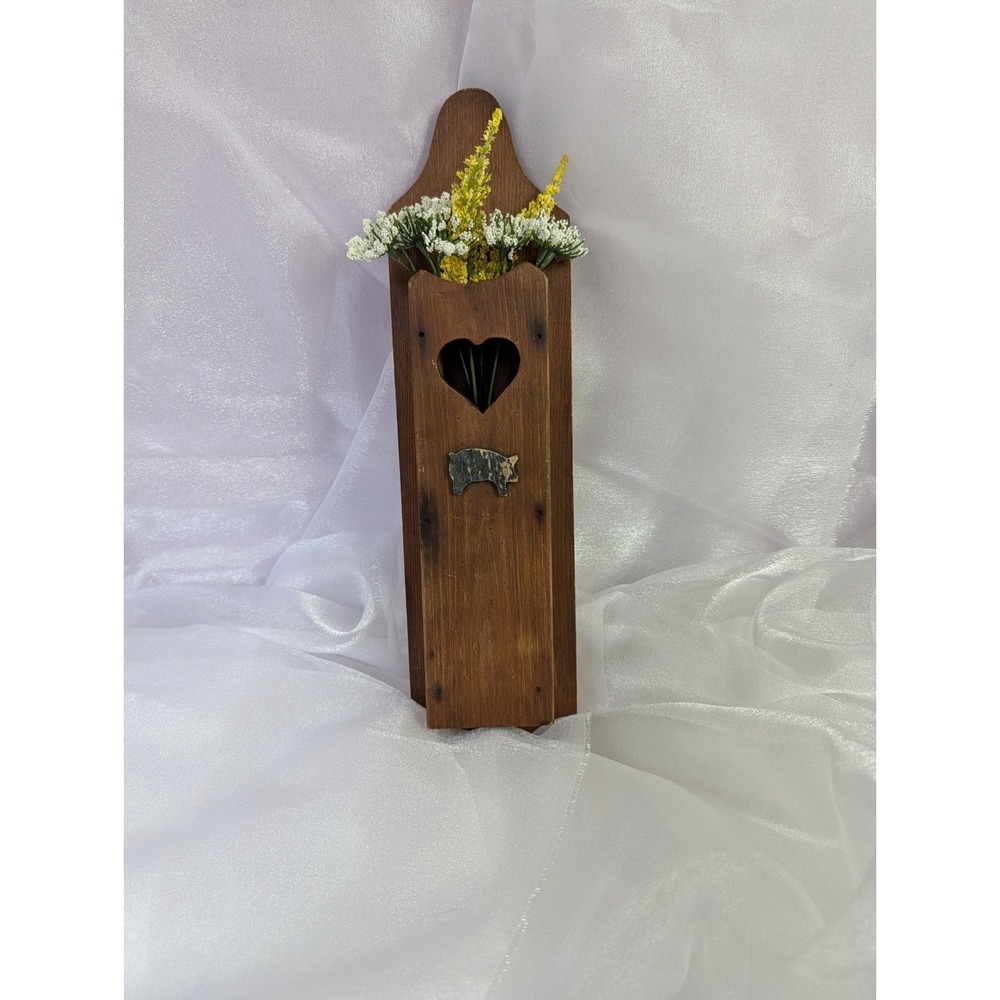 Vintage Handmade Wood Match Stick holder Heart Pig Farmhouse Decor